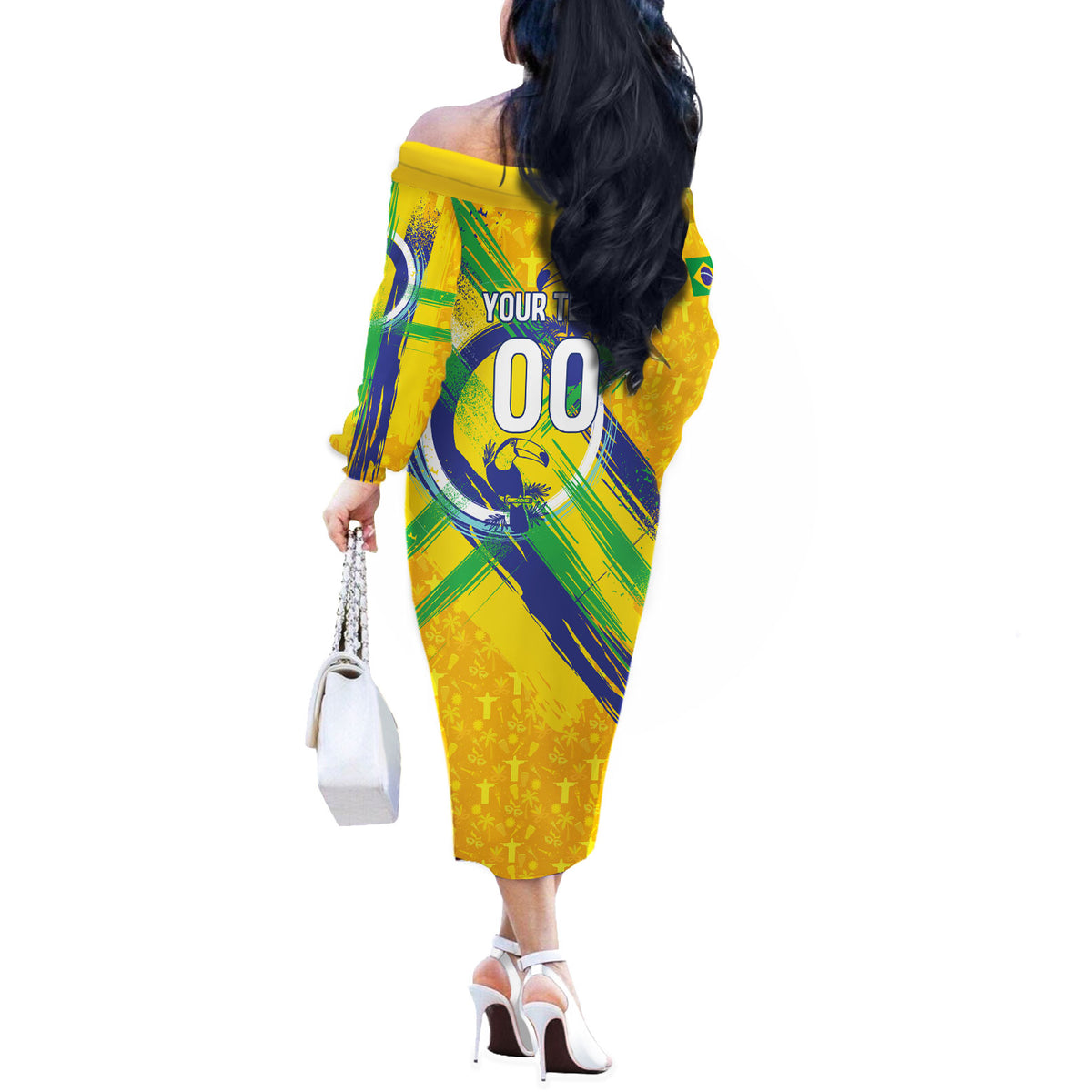 Personalized Brazil Soccer Football Jaguar Off The Shoulder Long Sleeve Dress Christ The Redeeme - Soccer Mascot With Carnival Vibes