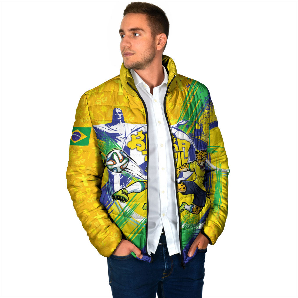 Personalized Brazil Soccer Football Jaguar Padded Jacket Christ The Redeeme - Soccer Mascot With Carnival Vibes