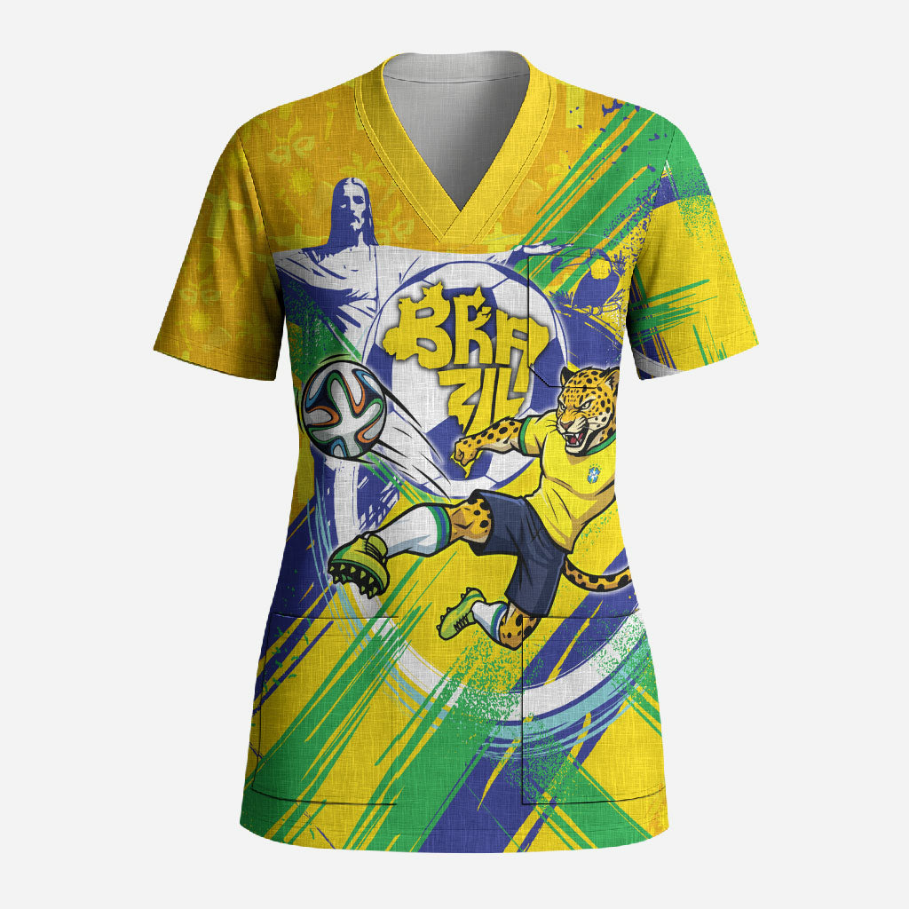 Personalized Brazil Soccer Football Jaguar Scrub Top Christ The Redeeme - Soccer Mascot With Carnival Vibes