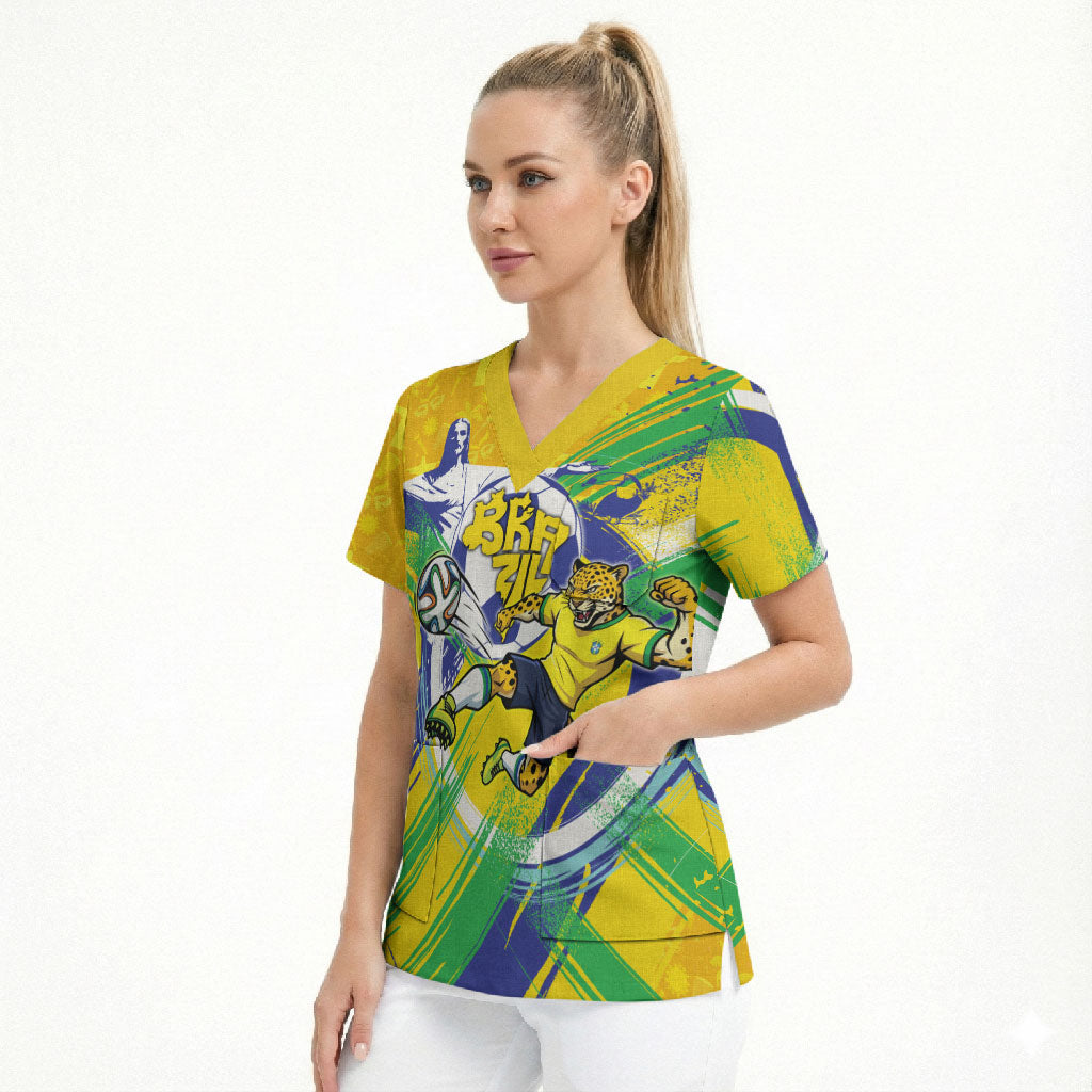 Personalized Brazil Soccer Football Jaguar Scrub Top Christ The Redeeme - Soccer Mascot With Carnival Vibes