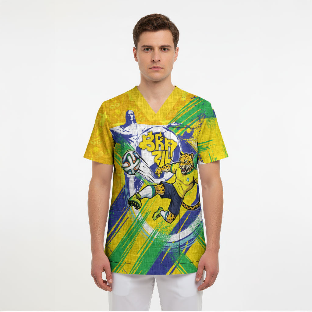 Personalized Brazil Soccer Football Jaguar Scrub Top Christ The Redeeme - Soccer Mascot With Carnival Vibes