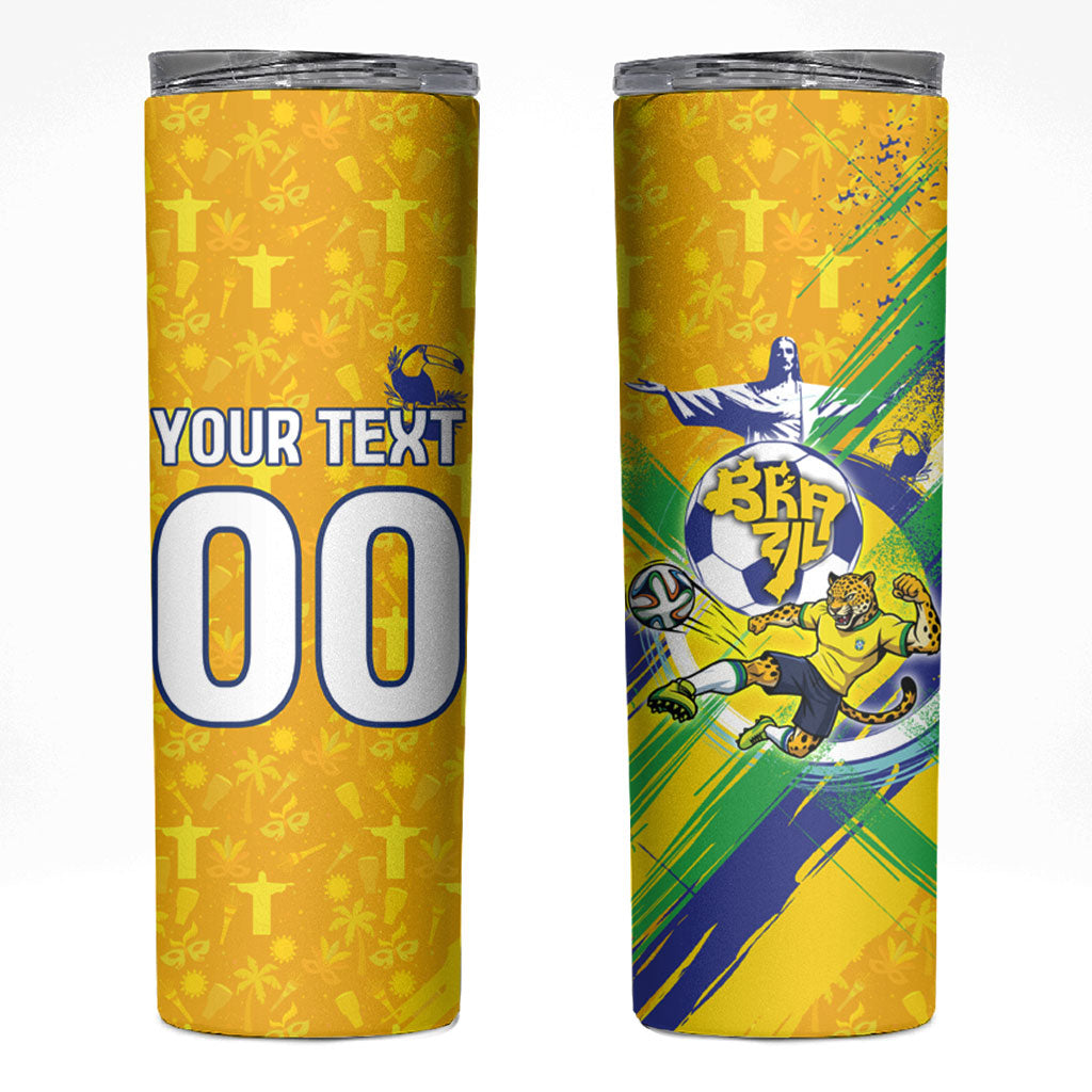 Personalized Brazil Soccer Football Jaguar Skinny Tumbler Christ The Redeeme - Soccer Mascot With Carnival Vibes