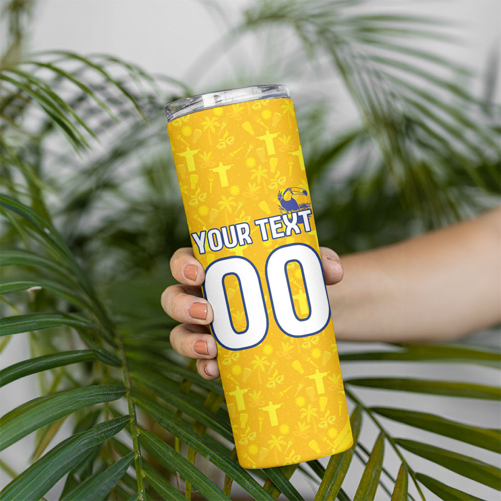 Personalized Brazil Soccer Football Jaguar Skinny Tumbler Christ The Redeeme - Soccer Mascot With Carnival Vibes
