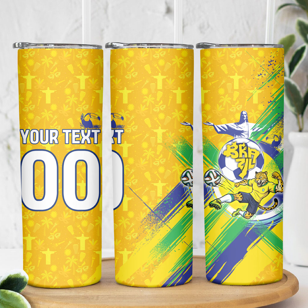 Personalized Brazil Soccer Football Jaguar Skinny Tumbler Christ The Redeeme - Soccer Mascot With Carnival Vibes