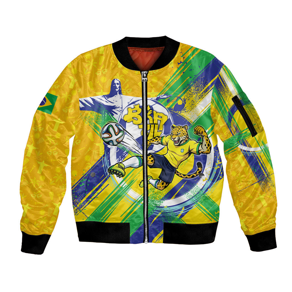 Personalized Brazil Soccer Football Jaguar Sleeve Zip Bomber Jacket Christ The Redeeme - Soccer Mascot With Carnival Vibes