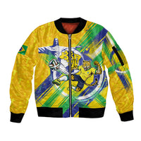 Personalized Brazil Soccer Football Jaguar Sleeve Zip Bomber Jacket Christ The Redeeme - Soccer Mascot With Carnival Vibes