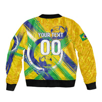 Personalized Brazil Soccer Football Jaguar Sleeve Zip Bomber Jacket Christ The Redeeme - Soccer Mascot With Carnival Vibes
