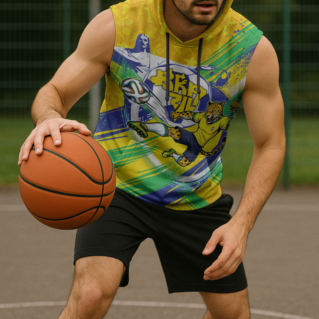 Personalized Brazil Soccer Football Jaguar Sleeveless Hoodie Christ The Redeeme - Soccer Mascot With Carnival Vibes