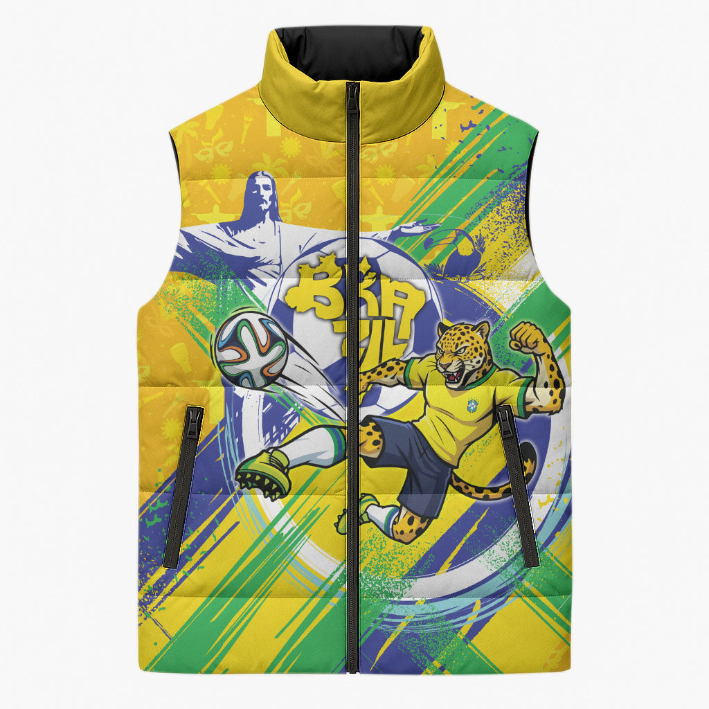 Personalized Brazil Soccer Football Jaguar Sleeveless Puffer Jacket Christ The Redeeme - Soccer Mascot With Carnival Vibes