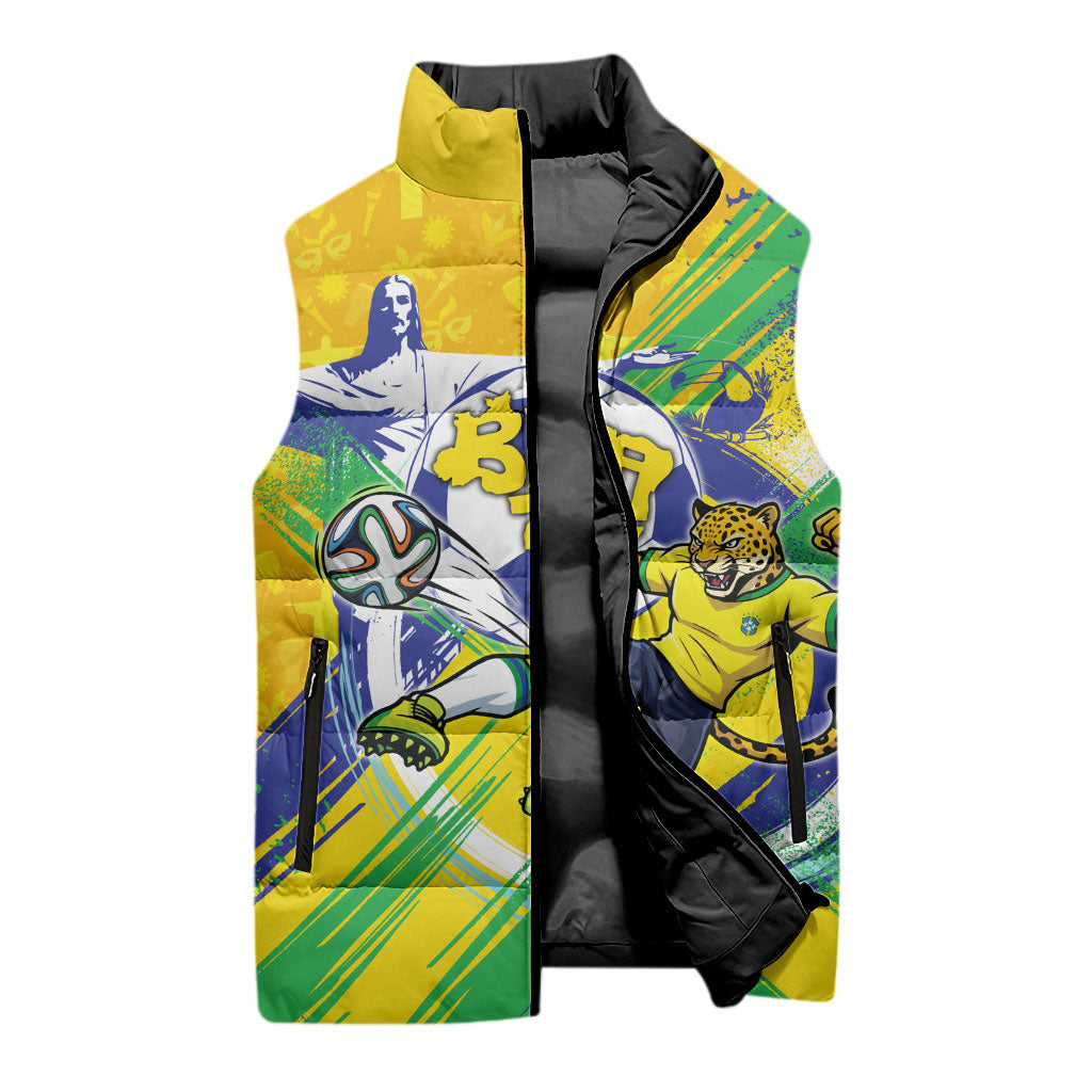 Personalized Brazil Soccer Football Jaguar Sleeveless Puffer Jacket Christ The Redeeme - Soccer Mascot With Carnival Vibes