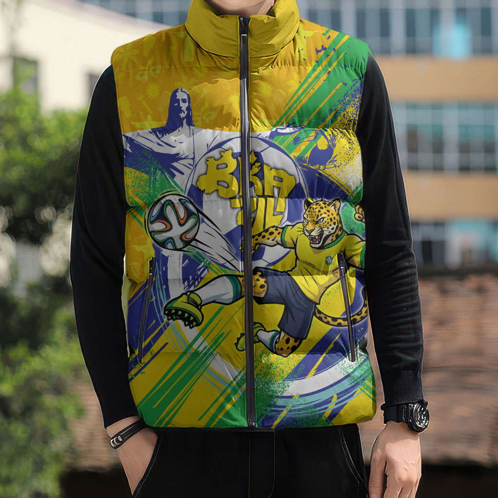 Personalized Brazil Soccer Football Jaguar Sleeveless Puffer Jacket Christ The Redeeme - Soccer Mascot With Carnival Vibes