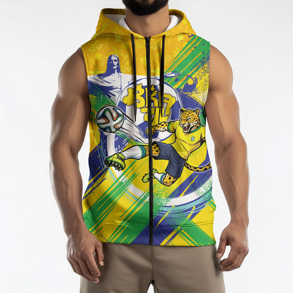 Personalized Brazil Soccer Football Jaguar Sleeveless Zip Hoodie Christ The Redeeme - Soccer Mascot With Carnival Vibes