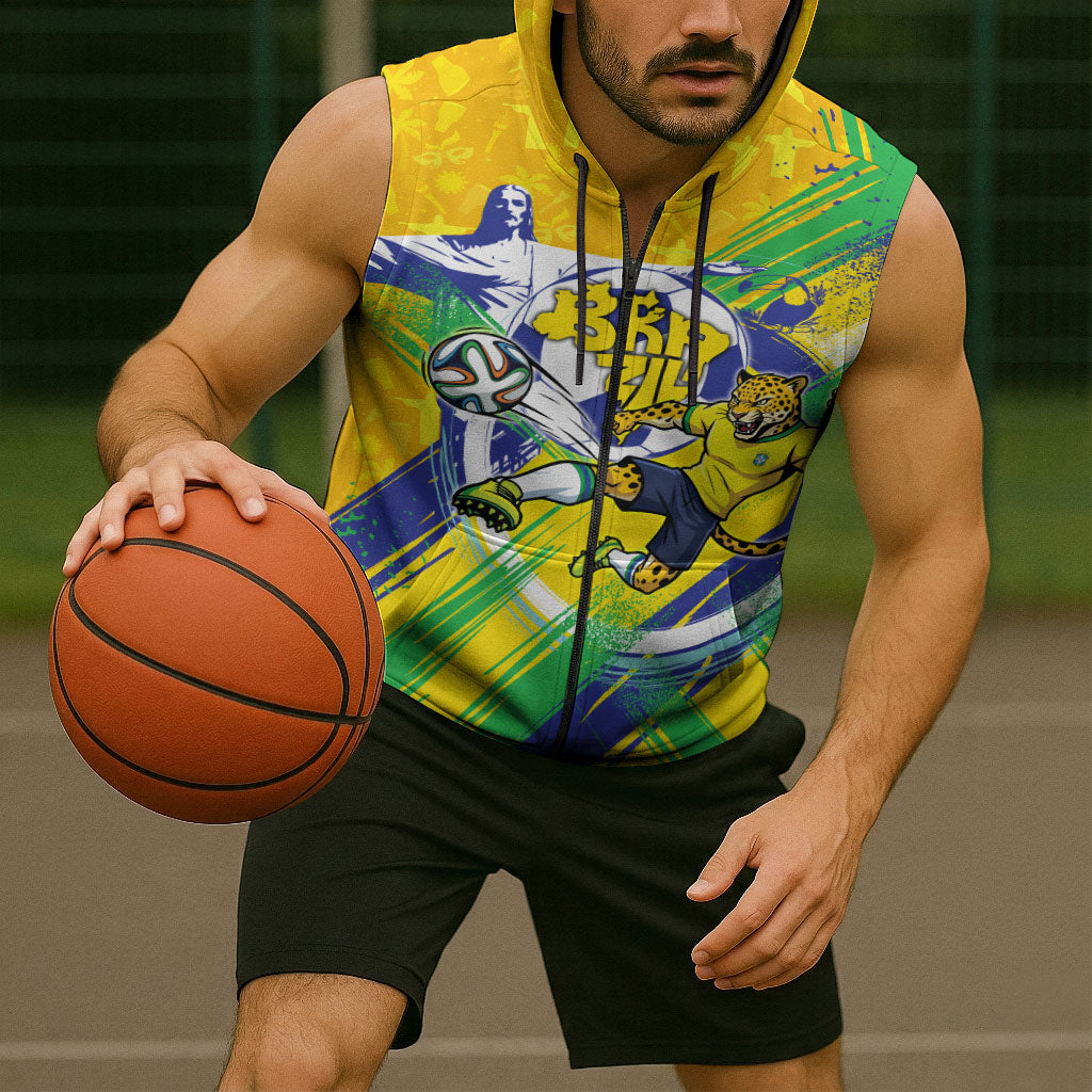 Personalized Brazil Soccer Football Jaguar Sleeveless Zip Hoodie Christ The Redeeme - Soccer Mascot With Carnival Vibes