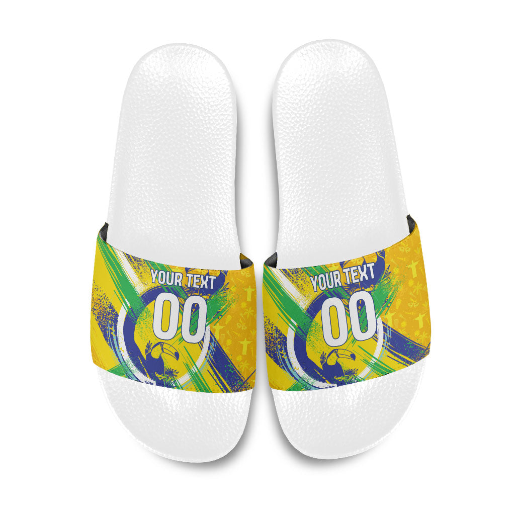 Personalized Brazil Soccer Football Jaguar Slide Sandals Christ The Redeeme - Soccer Mascot With Carnival Vibes