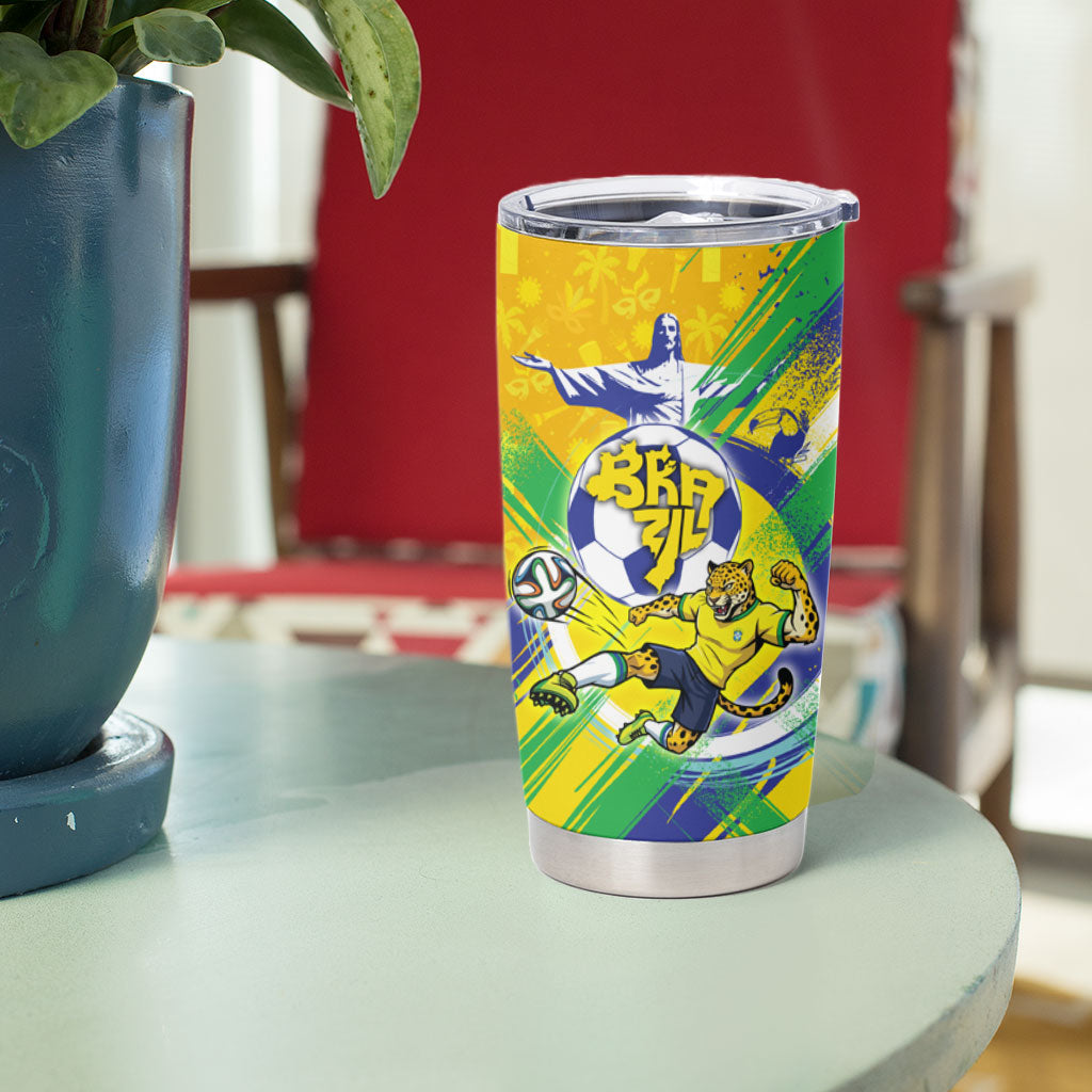 Personalized Brazil Soccer Football Jaguar Tumbler Cup Christ The Redeeme - Soccer Mascot With Carnival Vibes