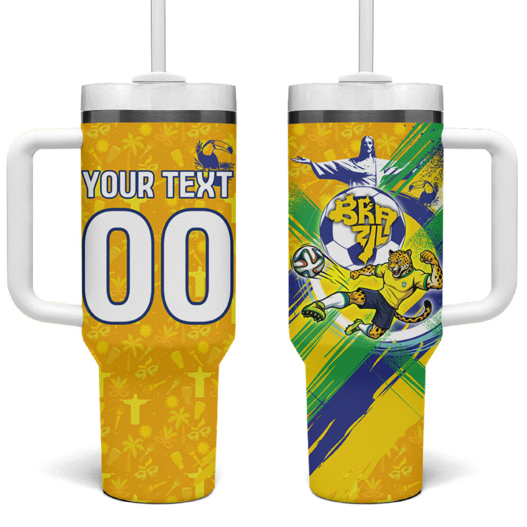 Personalized Brazil Soccer Football Jaguar Tumbler With Handle Christ The Redeeme - Soccer Mascot With Carnival Vibes