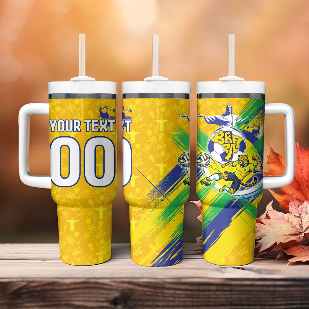 Personalized Brazil Soccer Football Jaguar Tumbler With Handle Christ The Redeeme - Soccer Mascot With Carnival Vibes