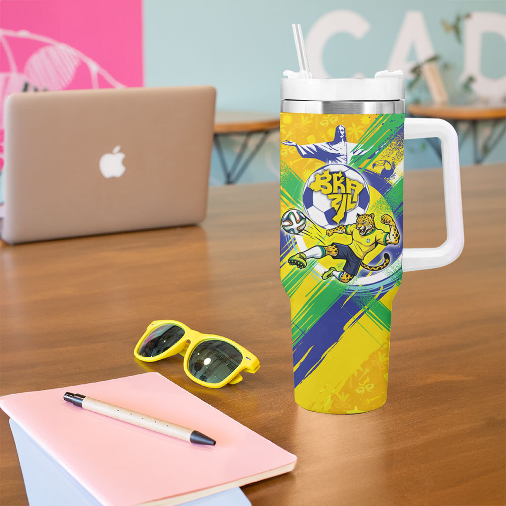 Personalized Brazil Soccer Football Jaguar Tumbler With Handle Christ The Redeeme - Soccer Mascot With Carnival Vibes