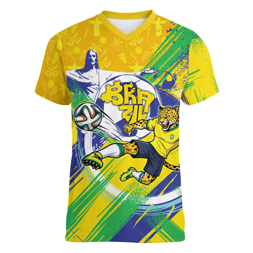 Personalized Brazil Soccer Football Jaguar Women V-Neck T-Shirt Christ The Redeeme - Soccer Mascot With Carnival Vibes
