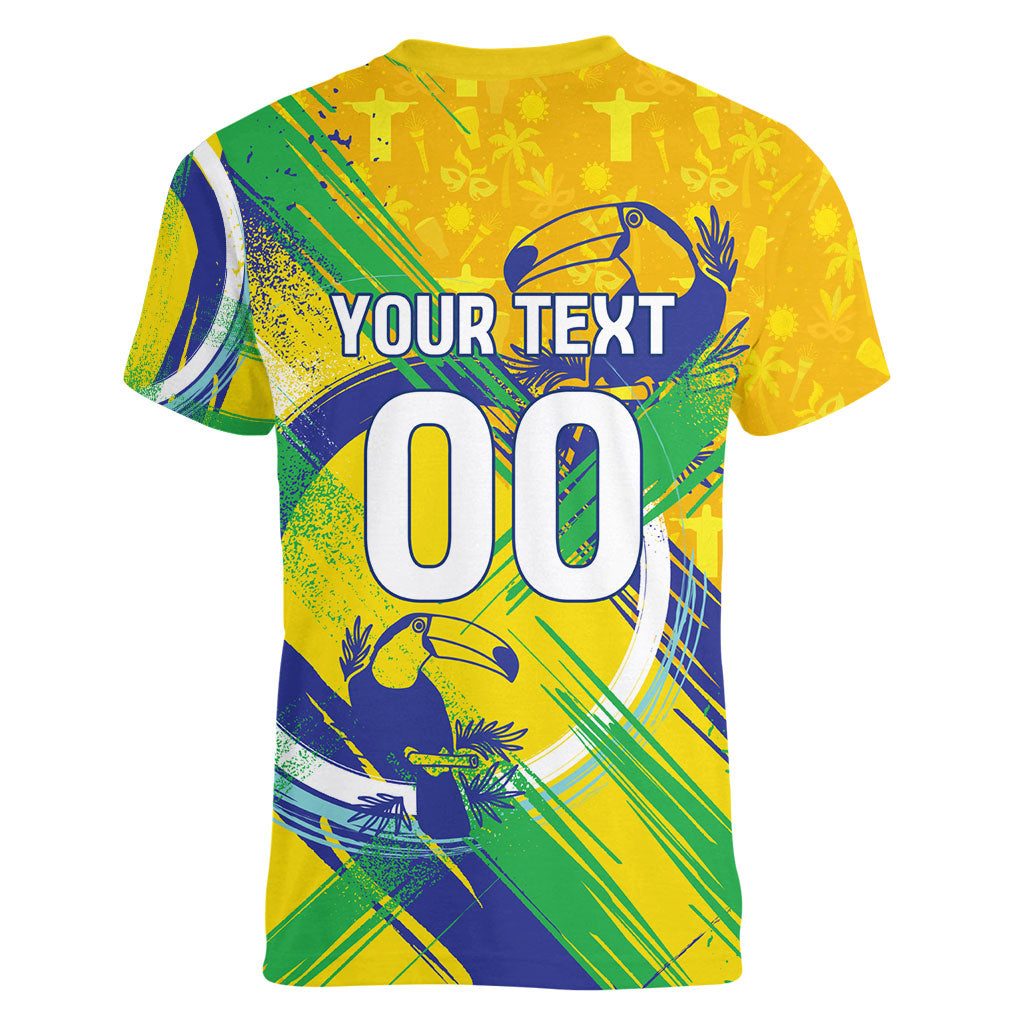 Personalized Brazil Soccer Football Jaguar Women V-Neck T-Shirt Christ The Redeeme - Soccer Mascot With Carnival Vibes