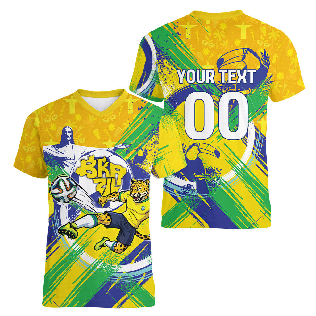 Personalized Brazil Soccer Football Jaguar Women V-Neck T-Shirt Christ The Redeeme - Soccer Mascot With Carnival Vibes