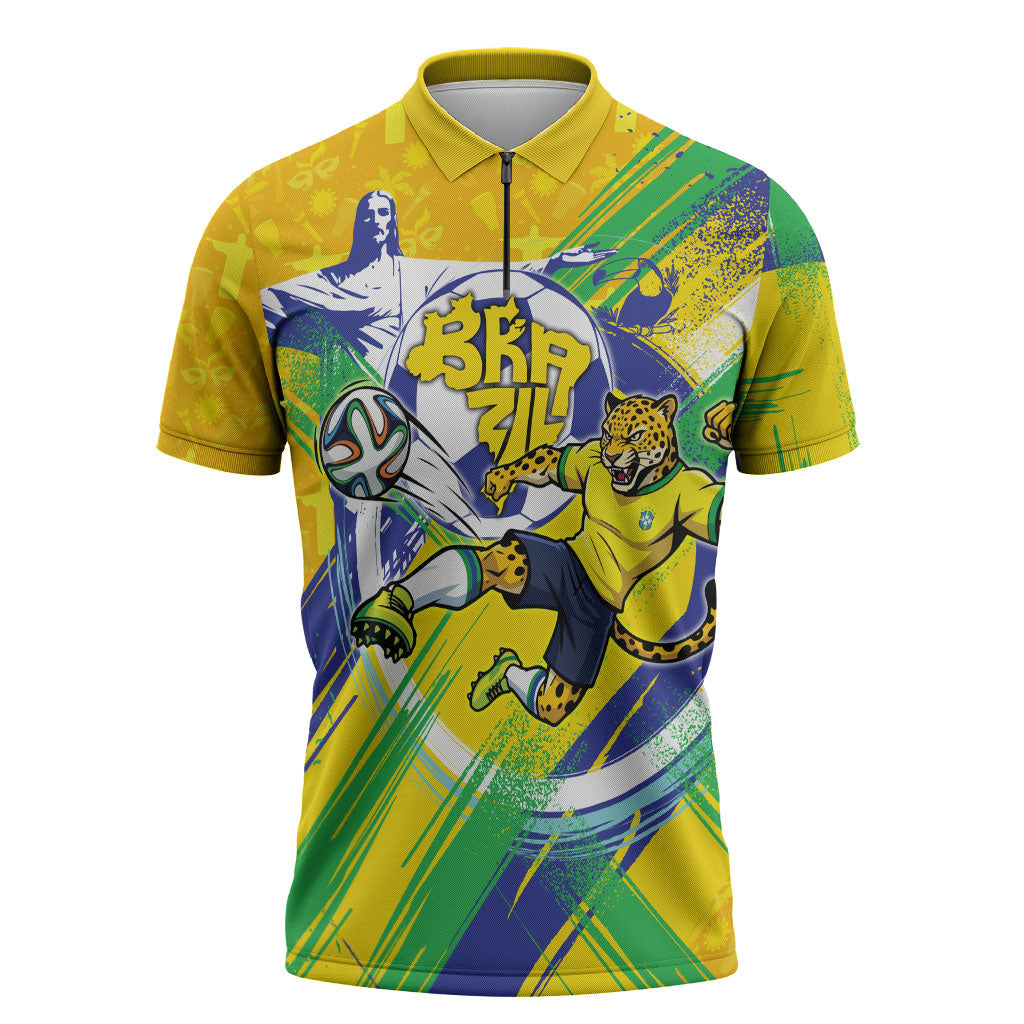 Personalized Brazil Soccer Football Jaguar Zipper Polo Shirt Christ The Redeeme - Soccer Mascot With Carnival Vibes