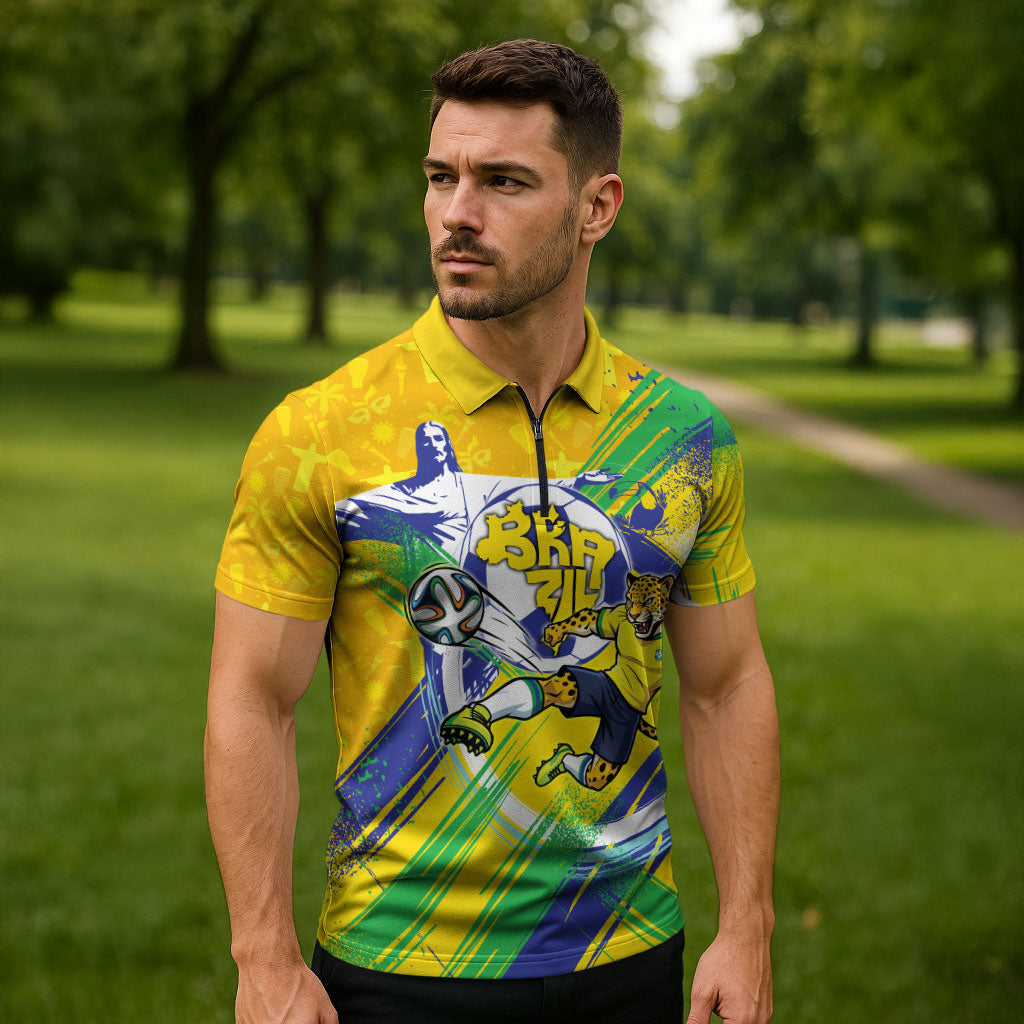 Personalized Brazil Soccer Football Jaguar Zipper Polo Shirt Christ The Redeeme - Soccer Mascot With Carnival Vibes