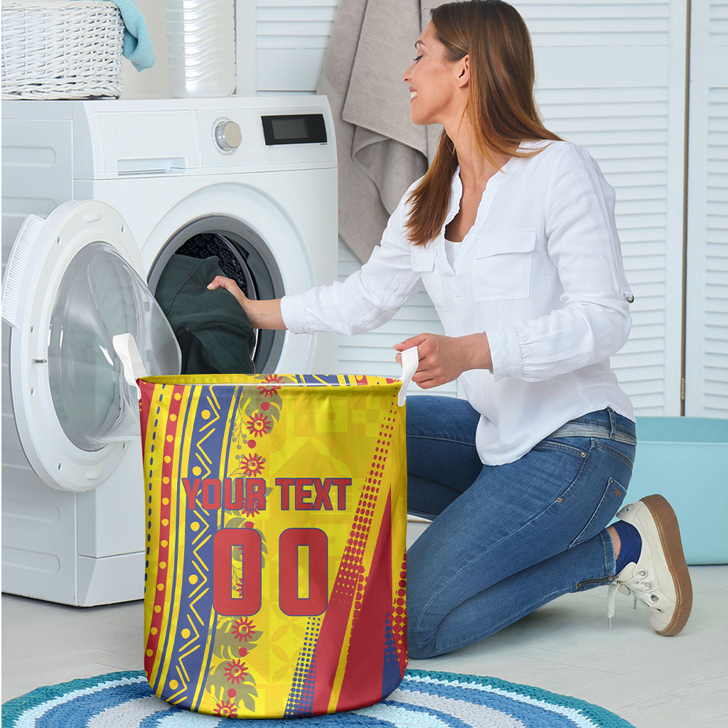 Personalized Colombia Soccer Laundry Basket Floral Folk Pattern - Retro Football Player Art