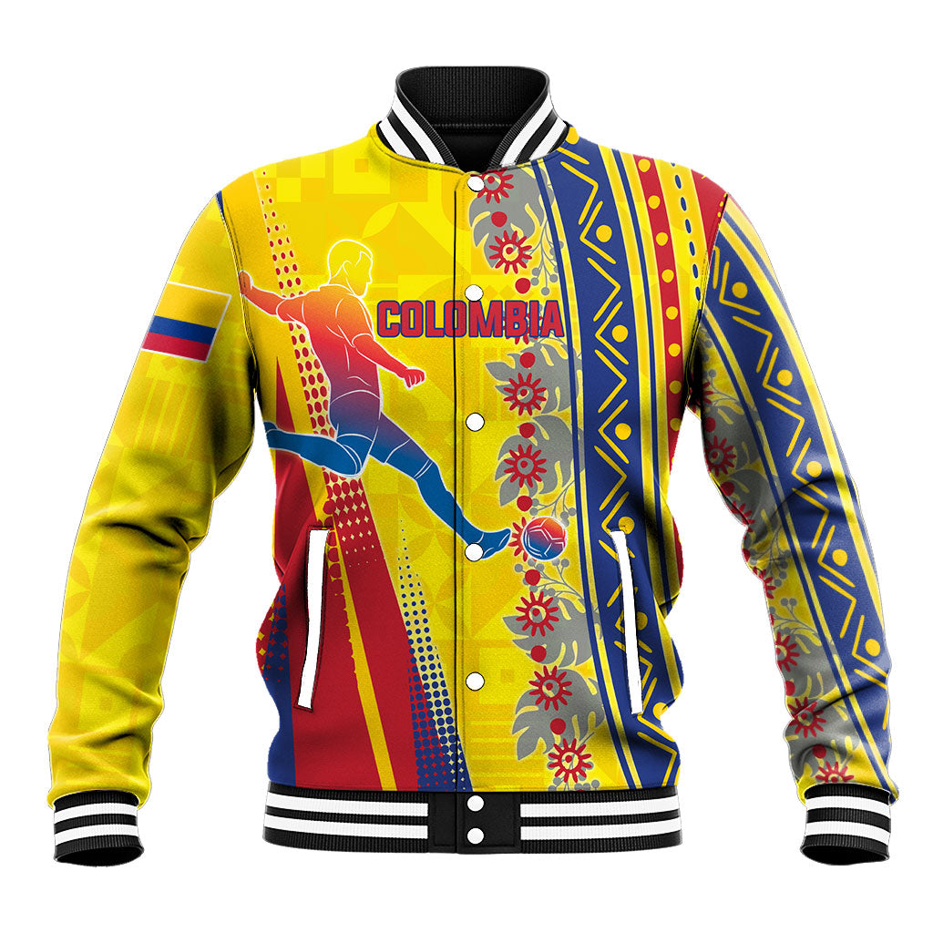 Personalized Colombia Soccer Baseball Jacket Floral Folk Pattern - Retro Football Player Art