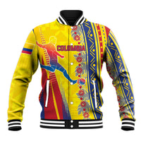 Personalized Colombia Soccer Baseball Jacket Floral Folk Pattern - Retro Football Player Art