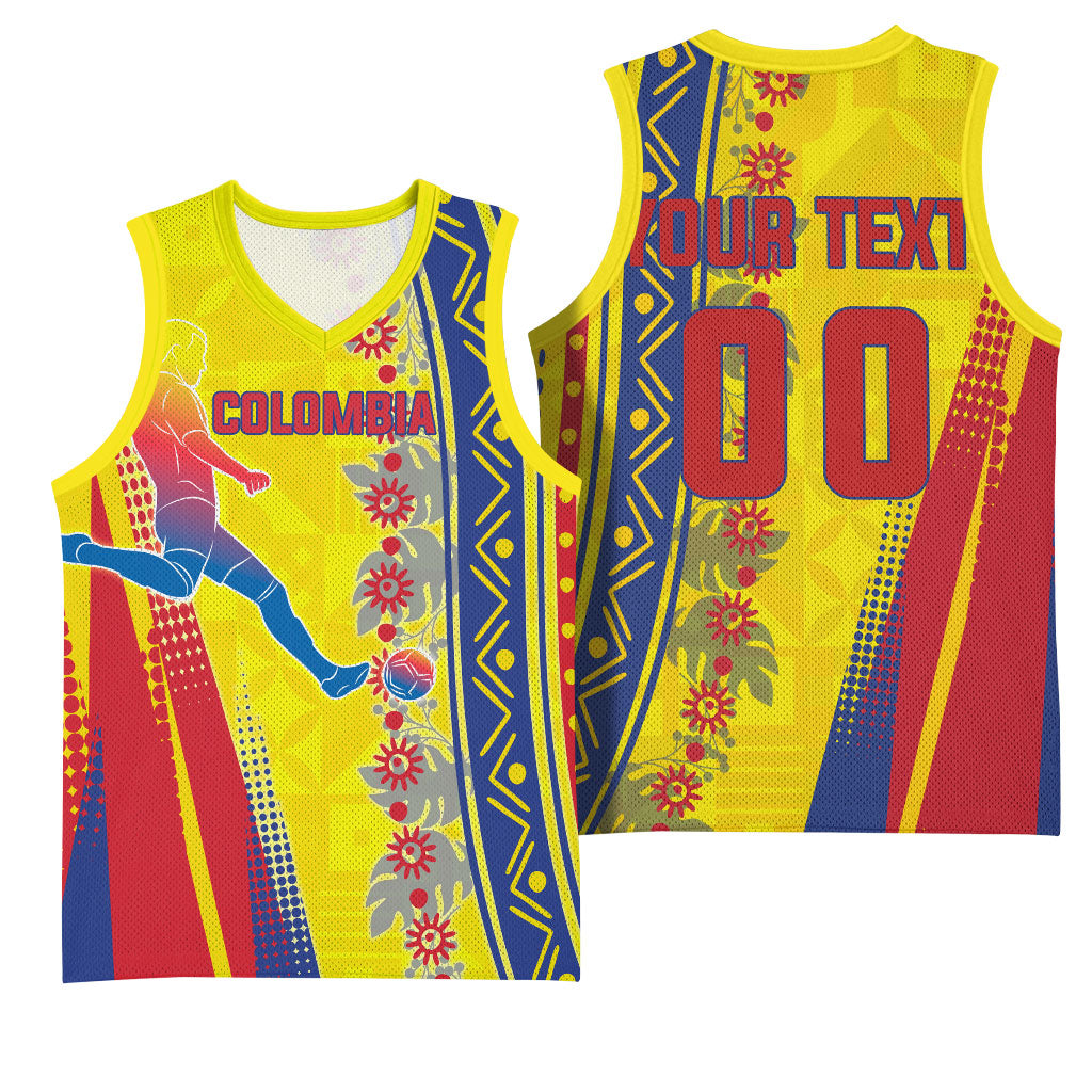 Personalized Colombia Soccer Basketball Jersey Floral Folk Pattern - Retro Football Player Art