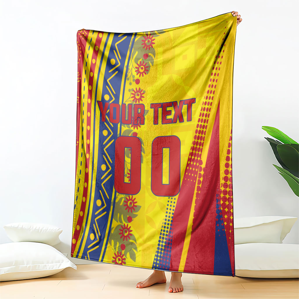 Personalized Colombia Soccer Blanket Floral Folk Pattern - Retro Football Player Art