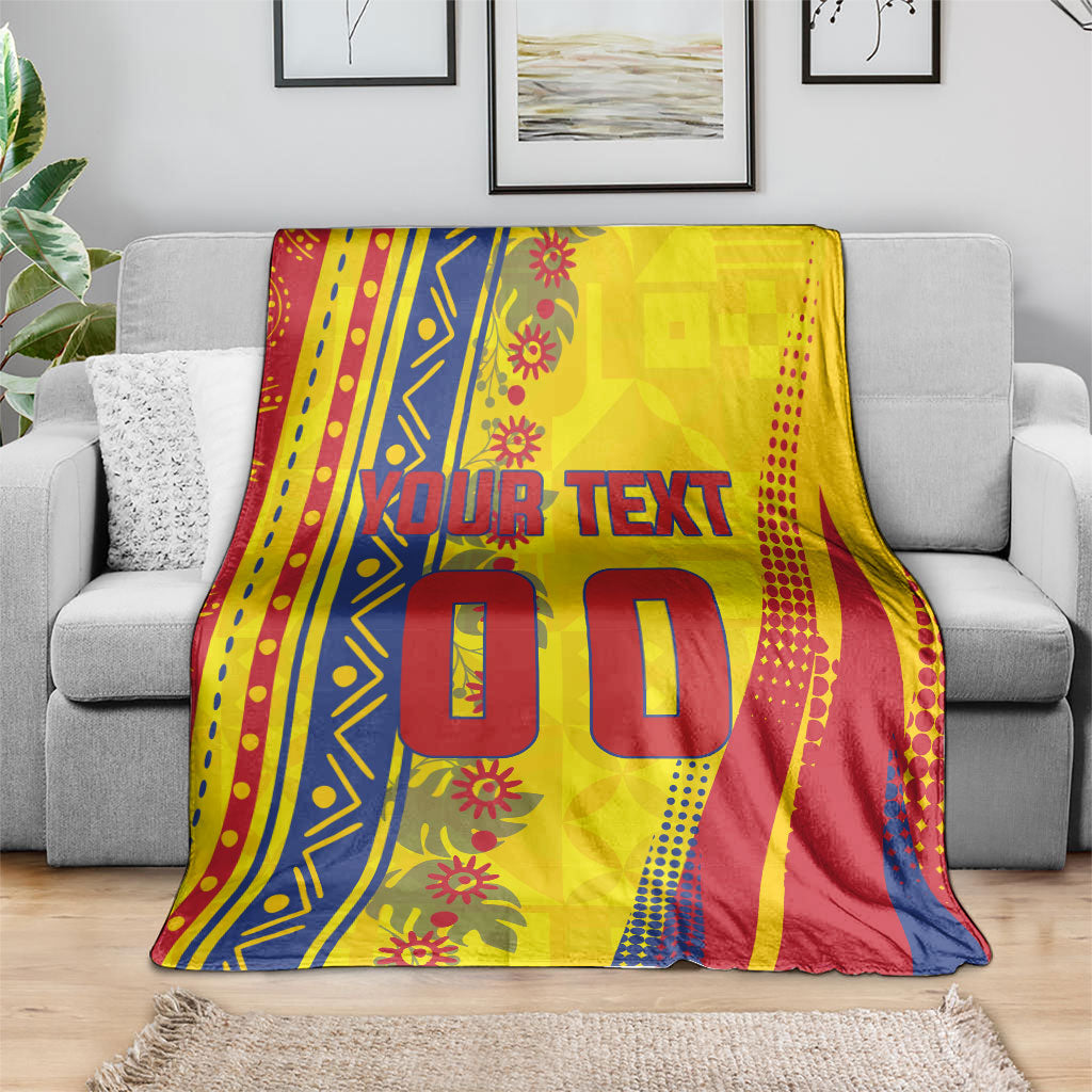 Personalized Colombia Soccer Blanket Floral Folk Pattern - Retro Football Player Art