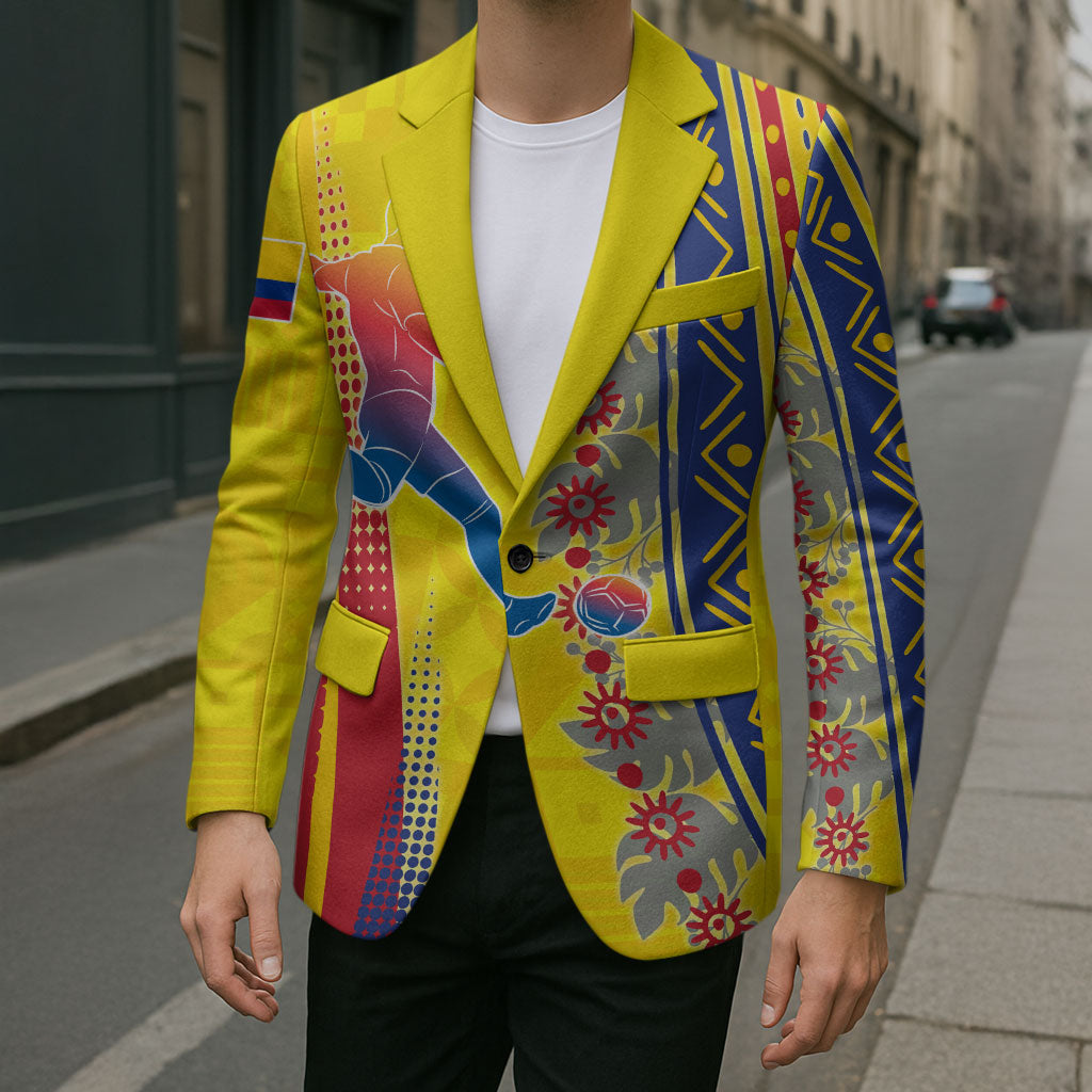 Personalized Colombia Soccer Blazer Floral Folk Pattern - Retro Football Player Art