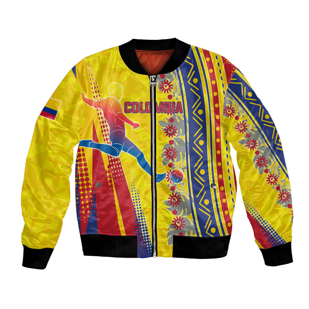 Personalized Colombia Soccer Bomber Jacket Floral Folk Pattern - Retro Football Player Art
