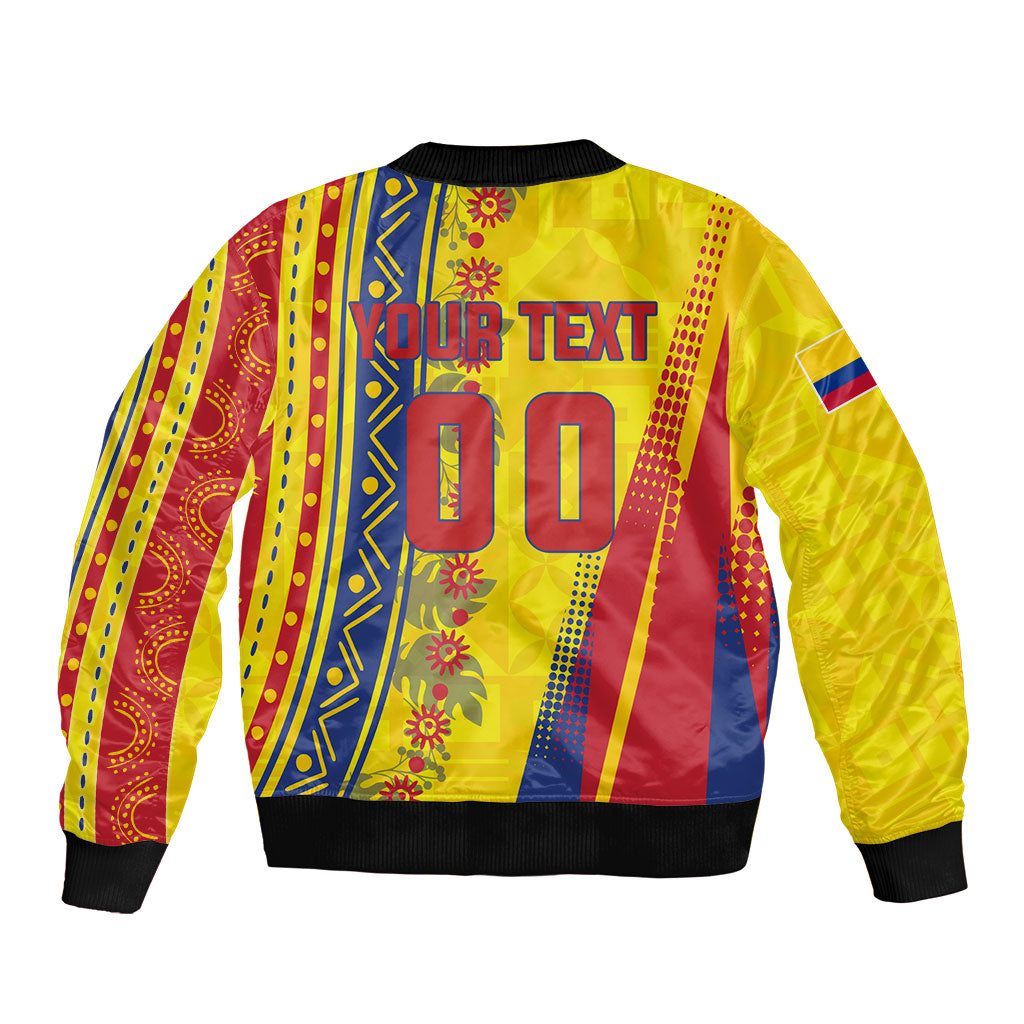Personalized Colombia Soccer Bomber Jacket Floral Folk Pattern - Retro Football Player Art