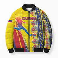 Personalized Colombia Soccer Bomber Puffer Jacket Floral Folk Pattern - Retro Football Player Art