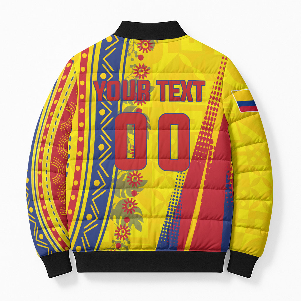Personalized Colombia Soccer Bomber Puffer Jacket Floral Folk Pattern - Retro Football Player Art