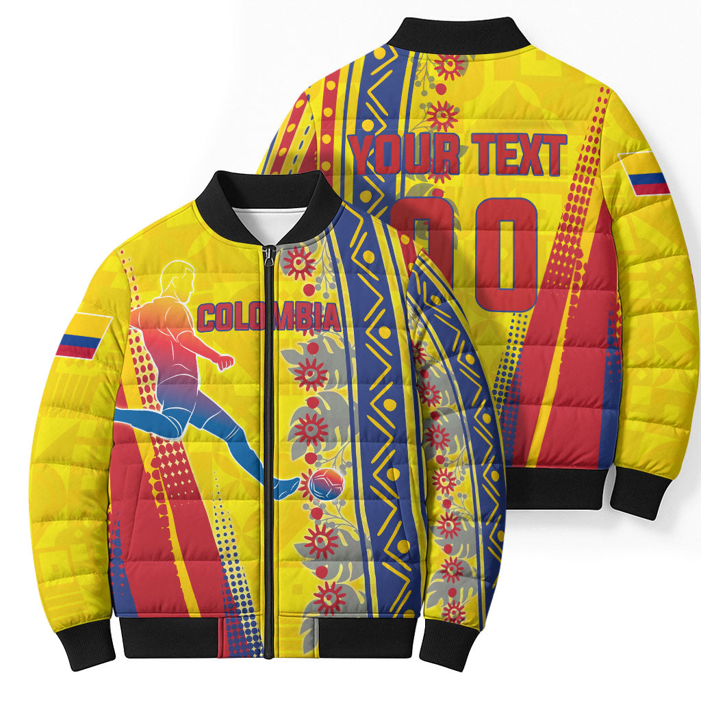 Personalized Colombia Soccer Bomber Puffer Jacket Floral Folk Pattern - Retro Football Player Art