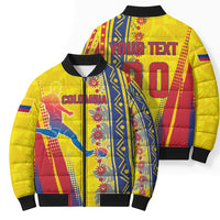 Personalized Colombia Soccer Bomber Puffer Jacket Floral Folk Pattern - Retro Football Player Art