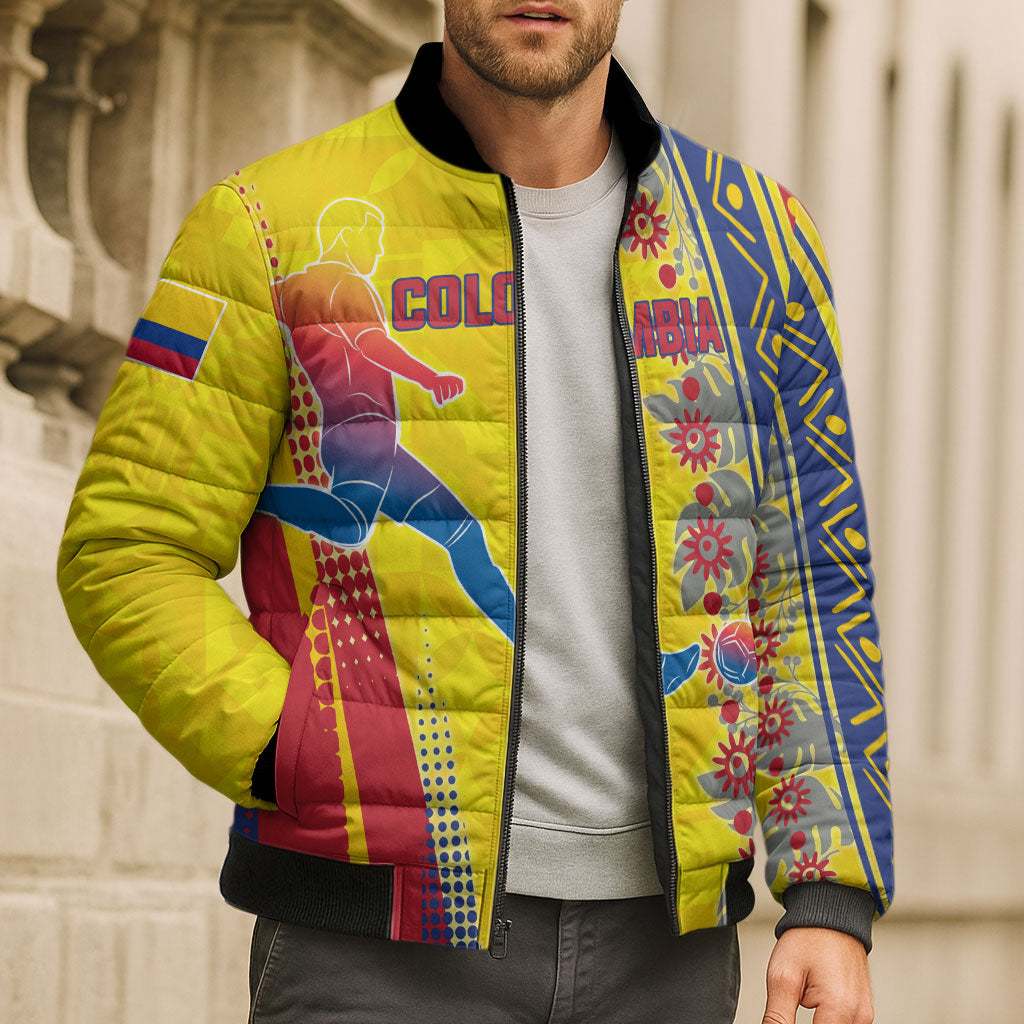 Personalized Colombia Soccer Bomber Puffer Jacket Floral Folk Pattern - Retro Football Player Art
