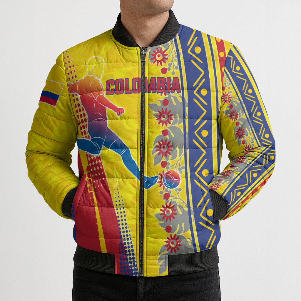 Personalized Colombia Soccer Bomber Puffer Jacket Floral Folk Pattern - Retro Football Player Art