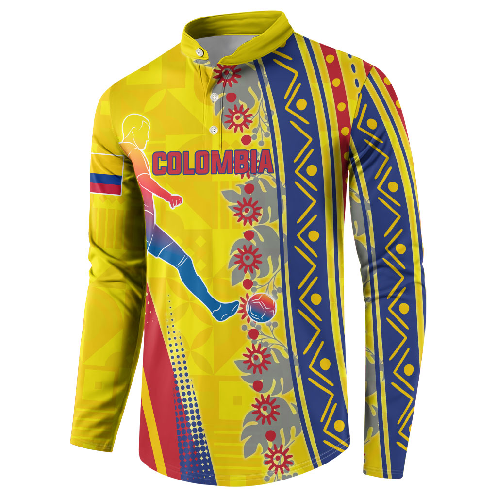 Personalized Colombia Soccer Button Sweatshirt Floral Folk Pattern - Retro Football Player Art
