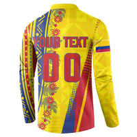 Personalized Colombia Soccer Button Sweatshirt Floral Folk Pattern - Retro Football Player Art