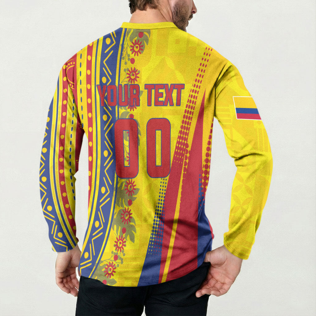 Personalized Colombia Soccer Button Sweatshirt Floral Folk Pattern - Retro Football Player Art
