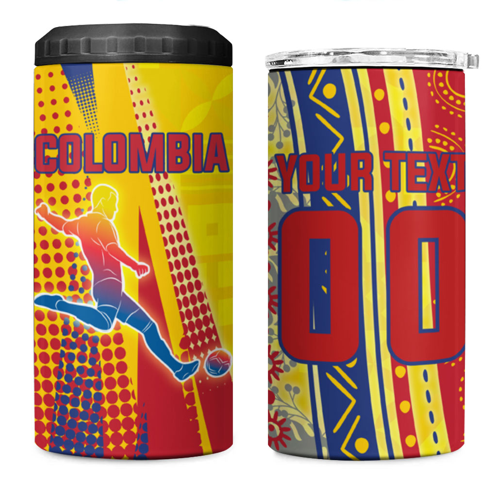 Personalized Colombia Soccer 4 in 1 Can Cooler Tumbler Floral Folk Pattern - Retro Football Player Art
