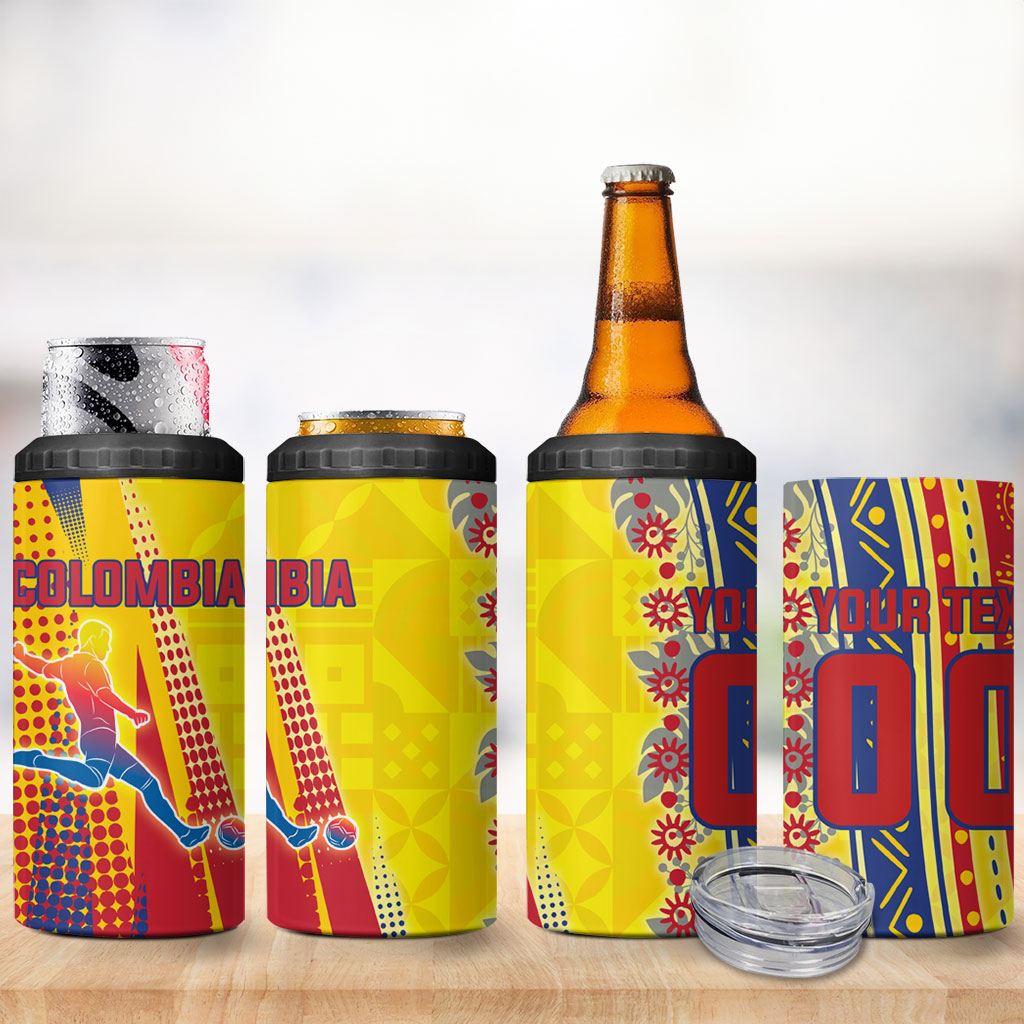 Personalized Colombia Soccer 4 in 1 Can Cooler Tumbler Floral Folk Pattern - Retro Football Player Art
