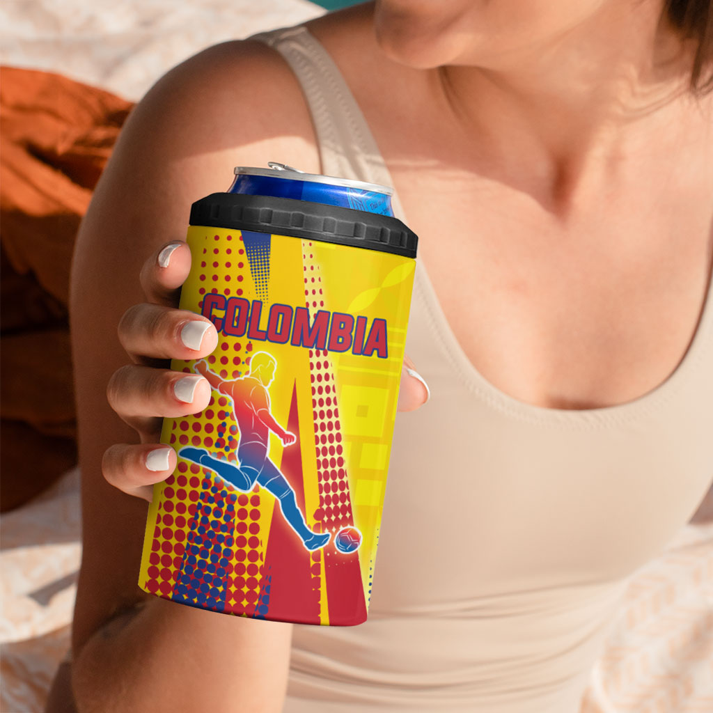 Personalized Colombia Soccer 4 in 1 Can Cooler Tumbler Floral Folk Pattern - Retro Football Player Art