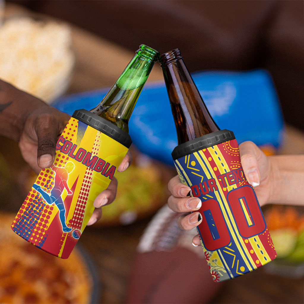 Personalized Colombia Soccer 4 in 1 Can Cooler Tumbler Floral Folk Pattern - Retro Football Player Art