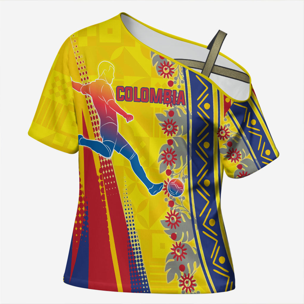 Personalized Colombia Soccer Cross Shoulder Shirt Floral Folk Pattern - Retro Football Player Art